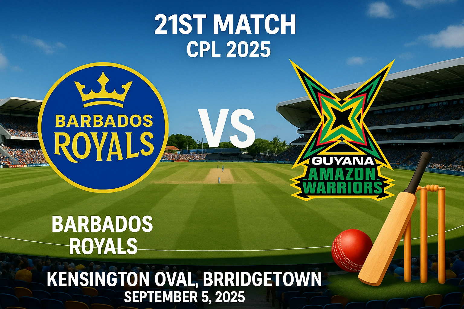 Read more about the article Barbados Royals vs Guyana Amazon Warriors, 21st Match – Upcoming Cricket Match Prediction | Who Will Win Tomorrow’s Match? (Sept 5, 2025)