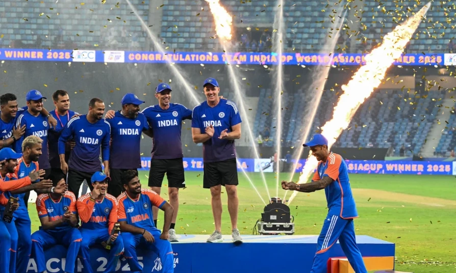 Indian cricket team celebrating their Asia Cup 2025 final victory against Pakistan without lifting the trophy, players cheering on the field.