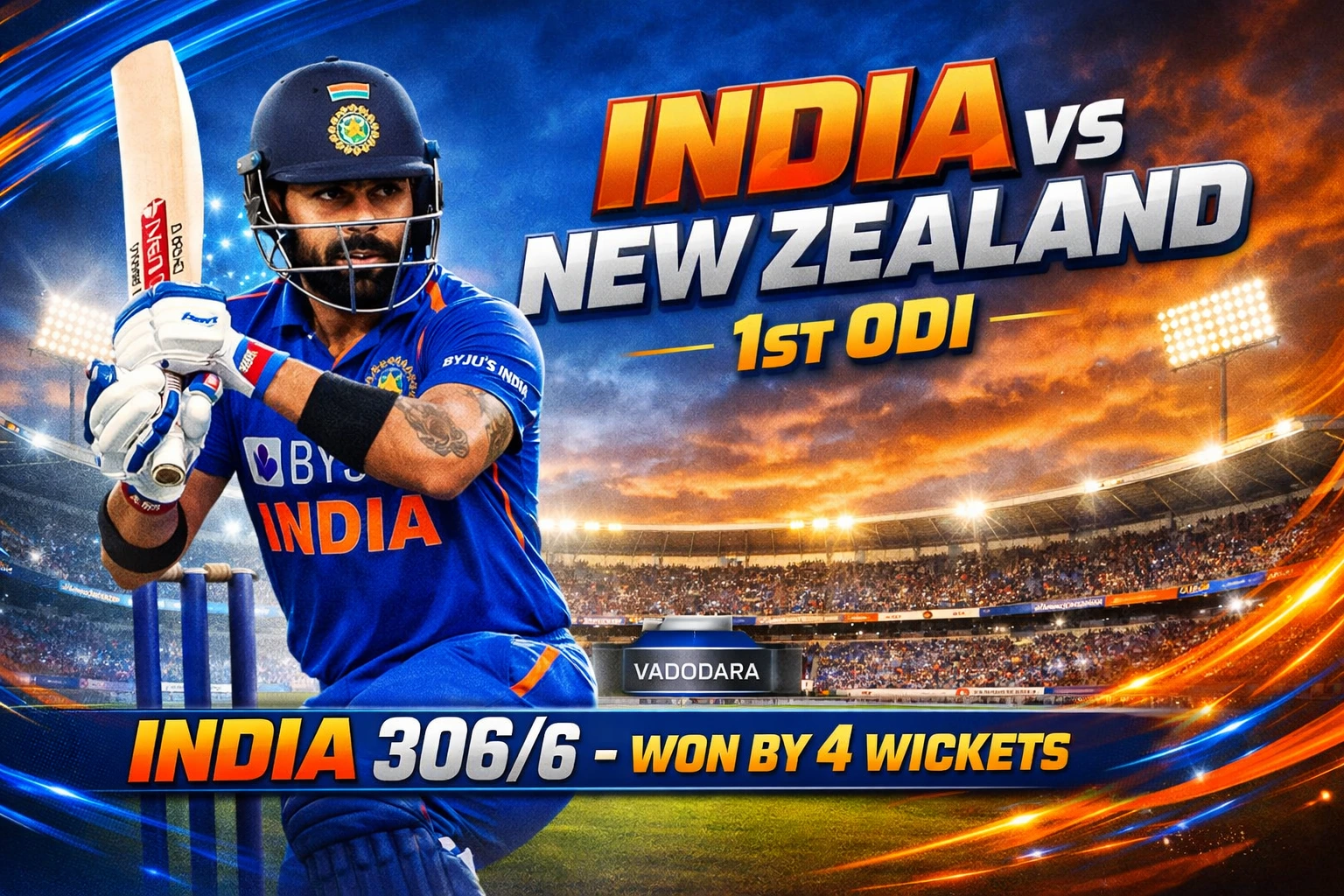 Read more about the article Kohli’s 93 Sets Up Thriller As India beat New Zealand in 1st ODI 2026