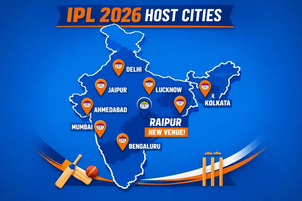 IPL 2026 host cities map featuring Raipur as new venue for Indian Premier League 2026