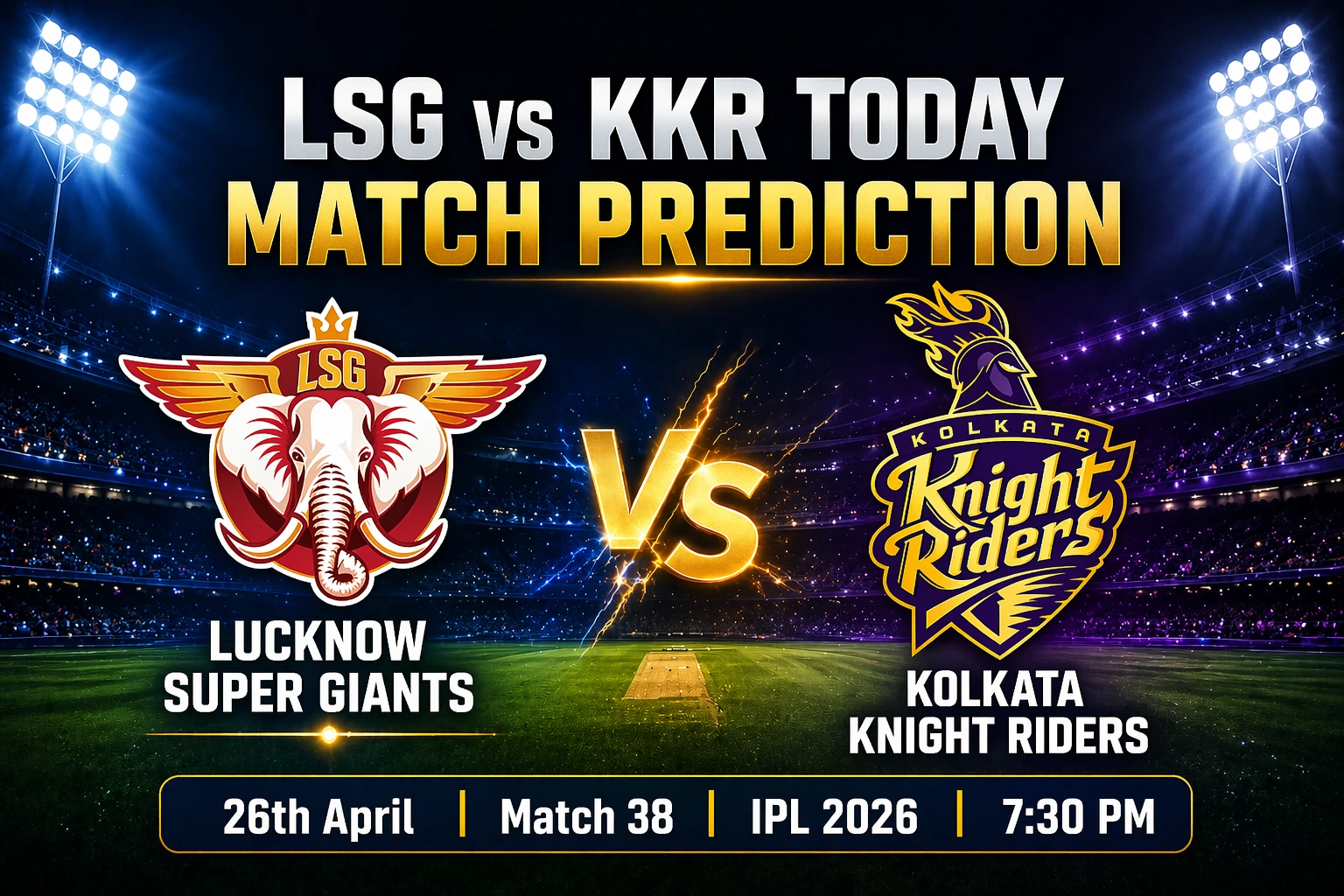 Read more about the article LSG vs KKR Today Match Prediction, Betting Tips and Preview | Match 38, IPL 2026 | April 26
