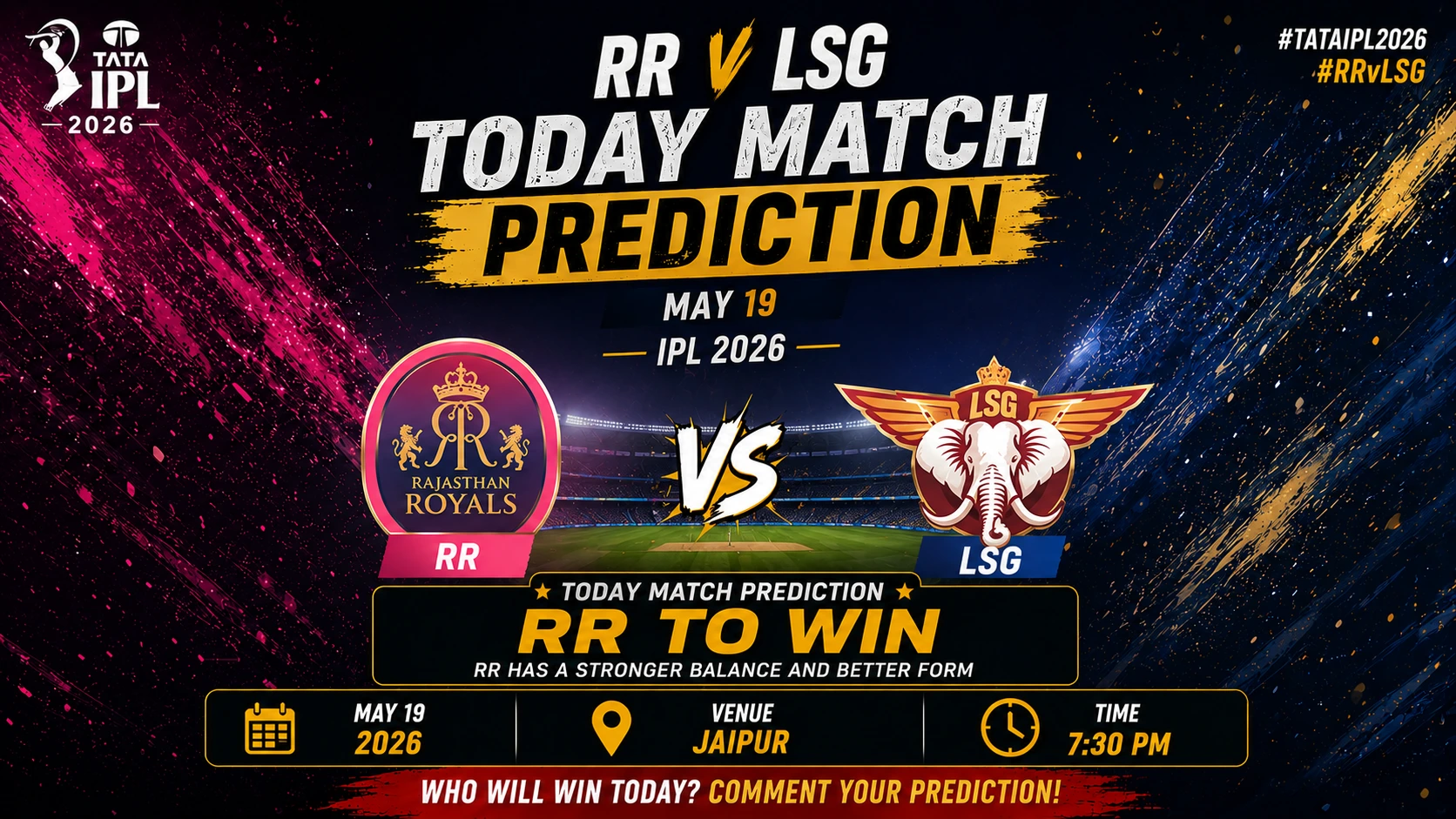 Read more about the article RR vs LSG Today Match Prediction, Betting Tips and Who Will Win Match 64 IPL 2026?