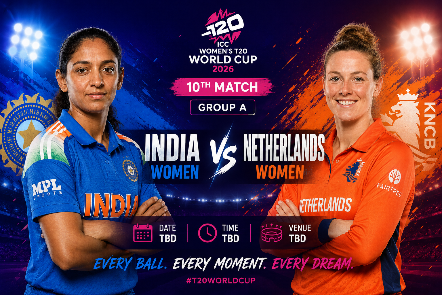 Read more about the article India Women vs Netherlands Women, 10th Match, Group A, ICC Womens T20 World Cup 2026 