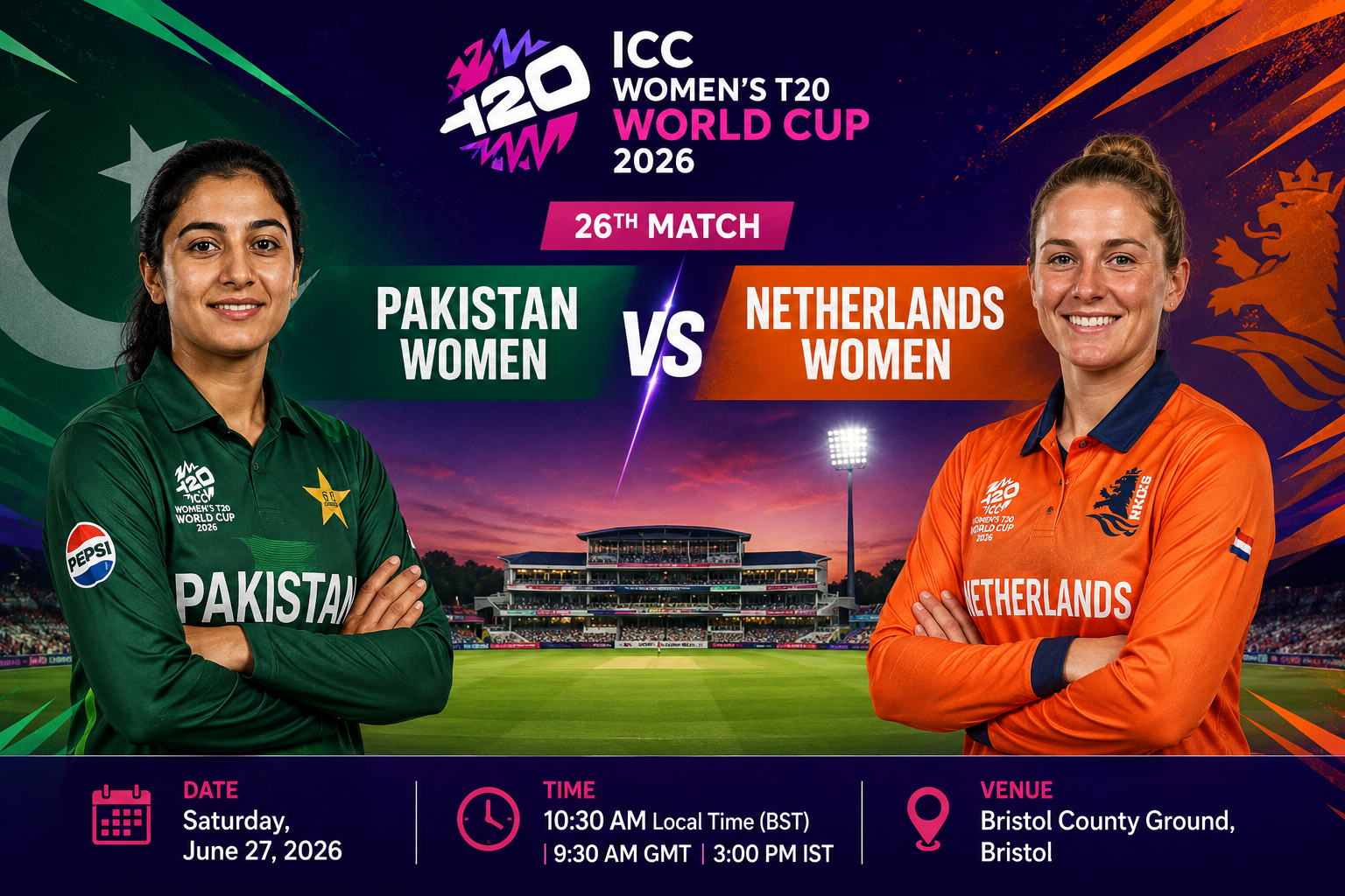 Read more about the article Pakistan Women vs Netherlands Women, 26th Match, Group A, ICC Women’s T20 World Cup 2026 